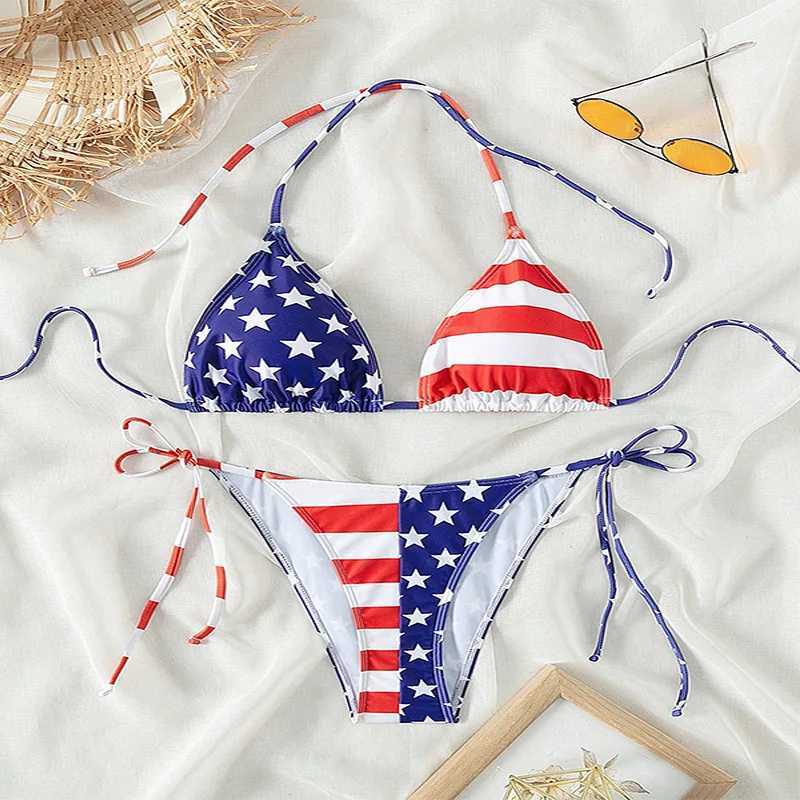 2 Pcs/Set Bikini Set Sexy Bikinis 2024 Lace-up Bikini Swimsuit Womens High Sense American Flag Print Beach Bikini Spa SwimsuitXJ241223