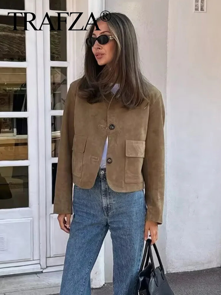 TRAFZA Autumn Women Casual Suede Lapel Jacket Fashion Long Sleeves Crop Coat Pockets Female Chic Single Breasted Outerwear 241223