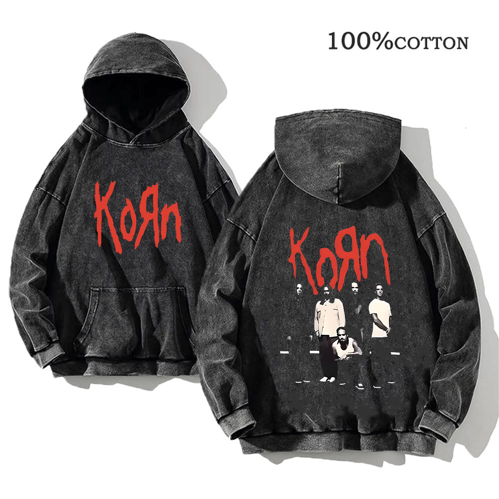 Korn Rock Band World Tour Hoodies Vintage Washed Men's Sweatshirts Cotton Hip Hop Streetwear Hooded Pullover Loose Y2k Tops