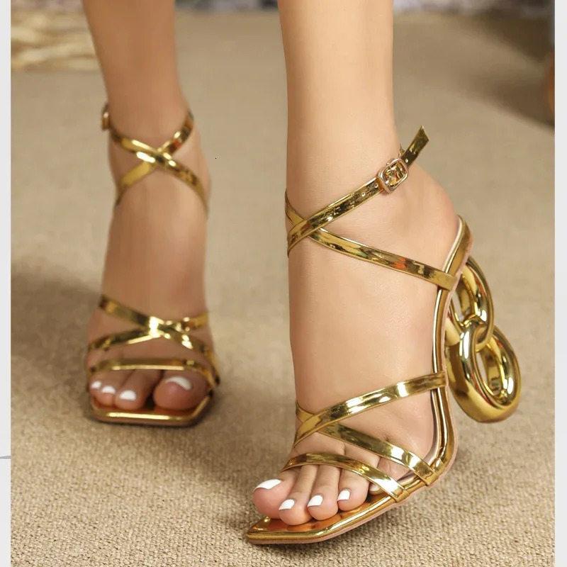 Eilyken Fashion Golden N Band Square Toe Womens Sandals Fretwork High Heels Ankle Buckle Strap Ladies Shoes 241213