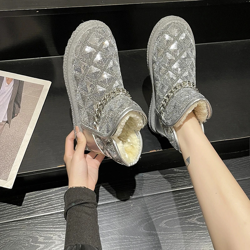 Winter Women's Snow Fashion Warm Plush Metal Chain Short Boots Sequins Flat Soft Thicken Female Cotton Ankle Shoes