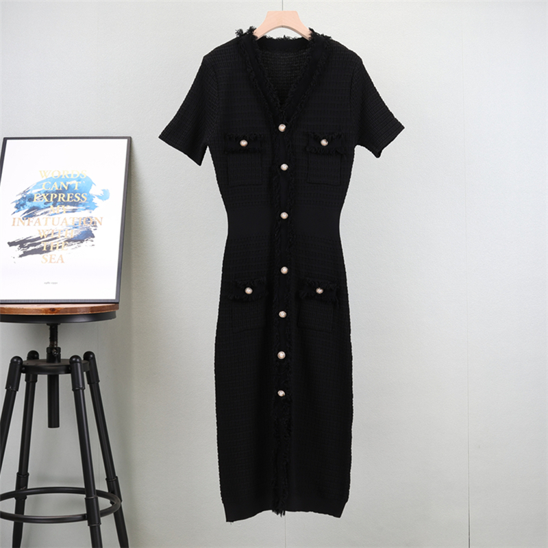new Summer Korean Fashion Elegant For Women Short Sleeved Midi Dress Elastic Knitted Slim Party Dresses