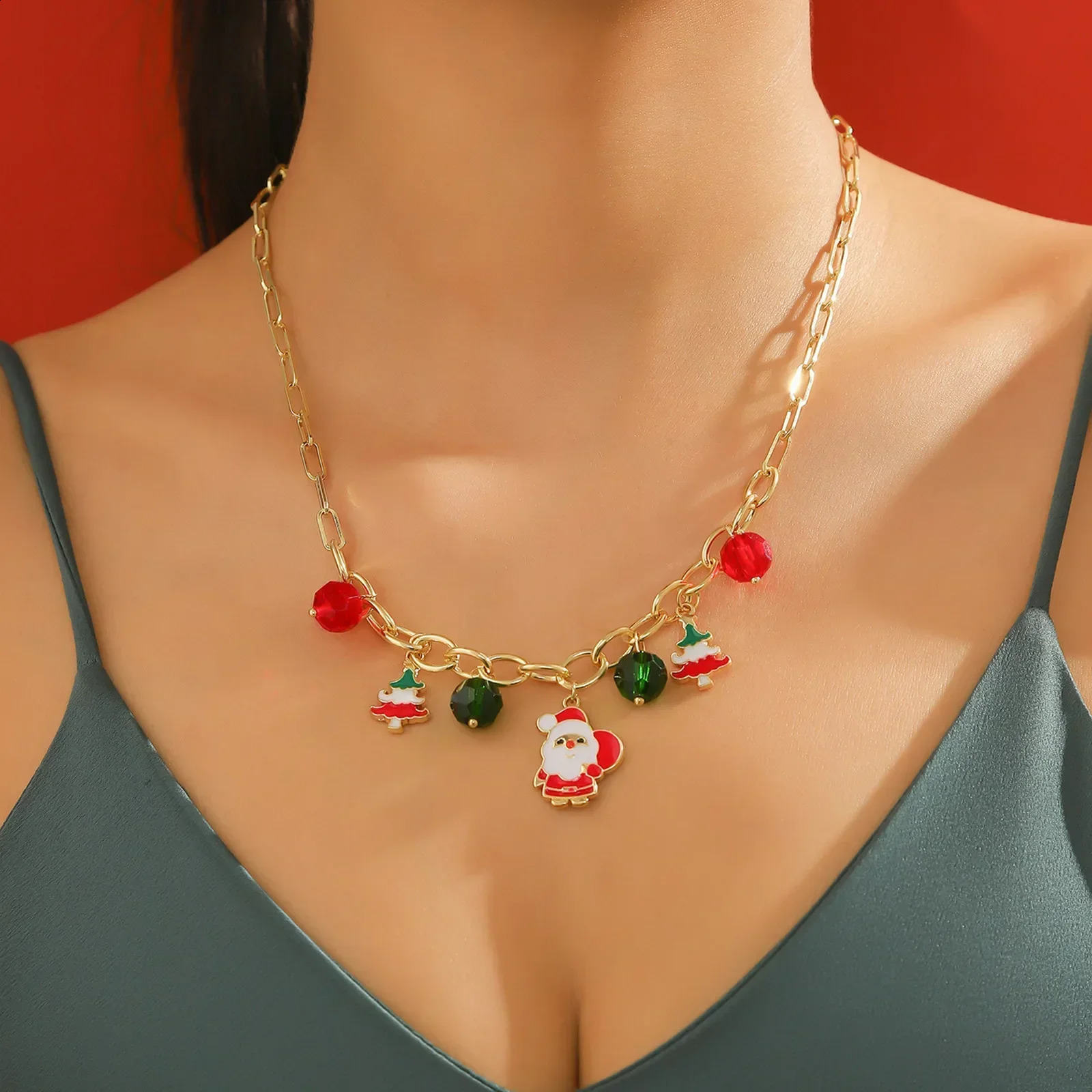 10pcs Necklace for Women Men Christmas Party Jewelry Aihua Cute Christmas Necklaces Enamel Bell Snowman Tree Deer Santa Gifts 241220