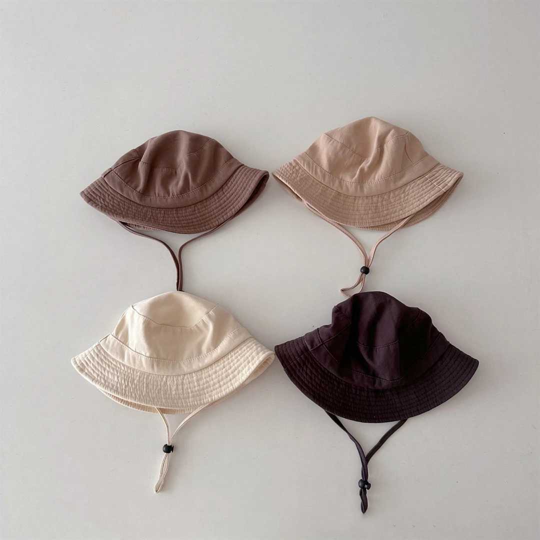 Caps Hats Solid color baby bucket hat summer wide brown childrens fisherman hat adjustable cotton childrens boys and girls Panama sun hat H241223
