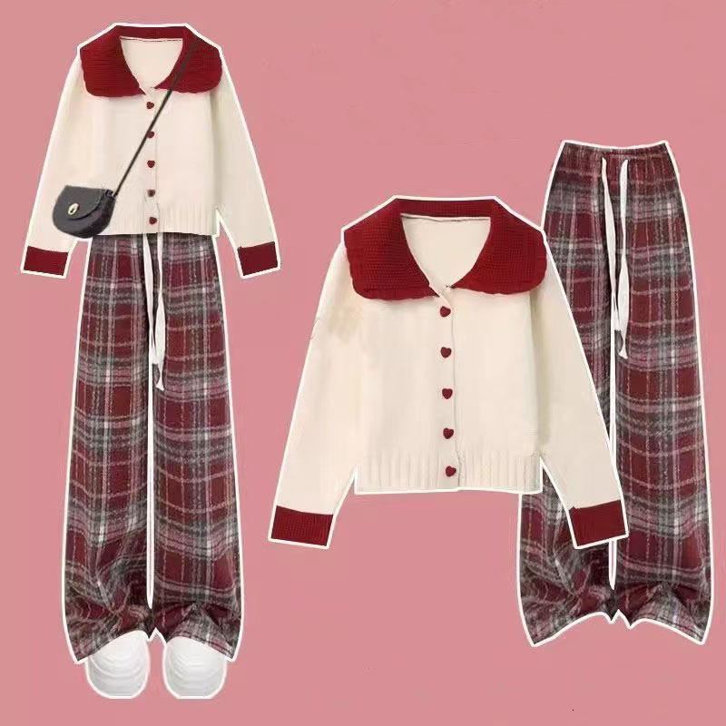 Autumn And Winter Two-Piece Women's New Holiday Outfit Red Sweater With Base Coat Wide Leg Pants Three Piece Pant Set