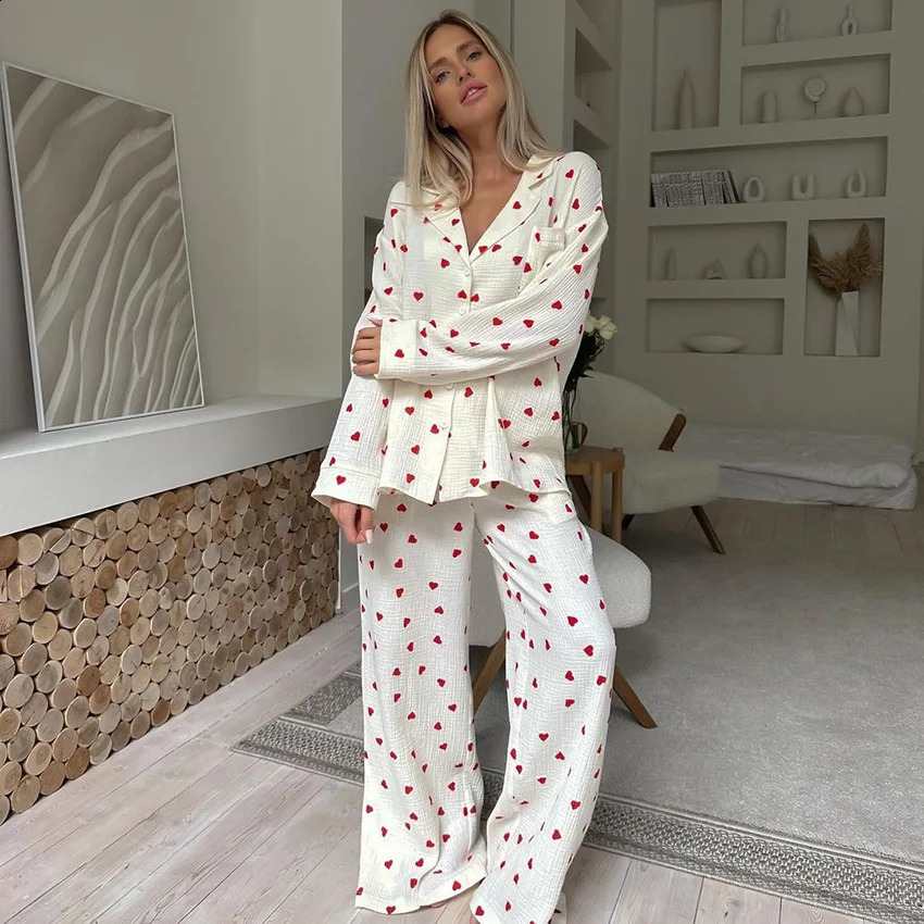 Summer Love Heart Print Pyjama 100% Cotton Long Sleeve Set 2Pcs Outfit Lapel Sleepwear Button Down Womens Pajamas Nightwear 241217