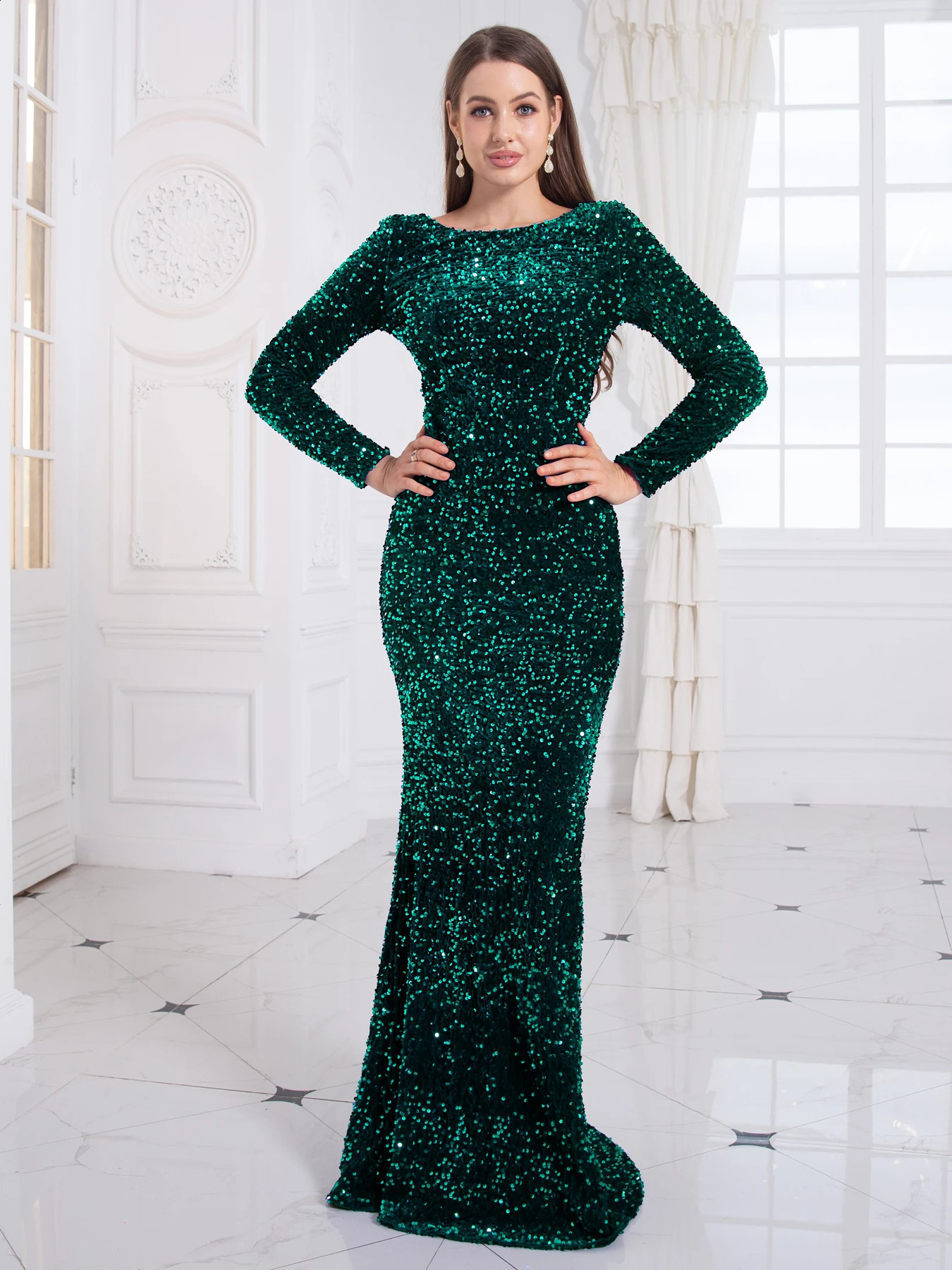 Romagic Women Modest Stretch Sequin O Neck Evening Prom Gown Party Long Dresses Full Sleeved Mermaid Formal Dinner Elegant Dress 241217
