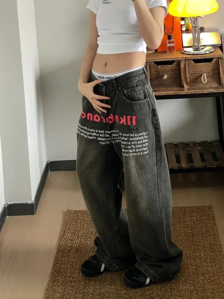 HOUZHOU Y2k Vintage Baggy Jeans Youthful Woman High S Denim Pants Korean Streetwear Oversized Trouser Spring Letter Print 241223
