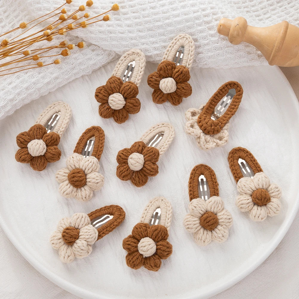 5Pcs/Lot Korean Handmade Sunflower Hair Clips for Baby Girls Crochet Hairpins Hairgrips Boutique Safety Knitted Kids Hair Bows 241223