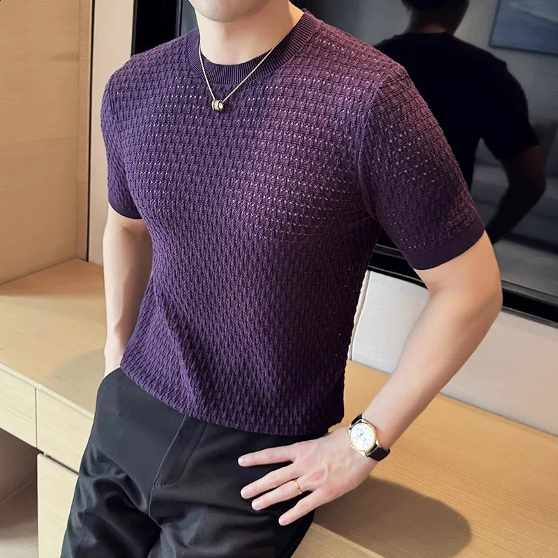 Men T-Shirt 2024 Summer Thin Ice Silk Knitted Hollow Out Round Neck Short Sleeve Elastic Slim Fit T-Shirt Men Clothing Tops 241223