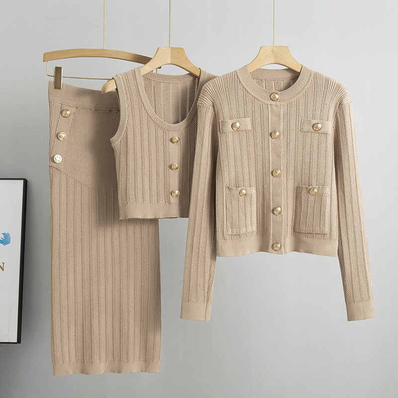 new Spring Hollow Knitted Suits Elegant 3 Piece Set Women Outwear Korea Fashion Sweater Dress Female