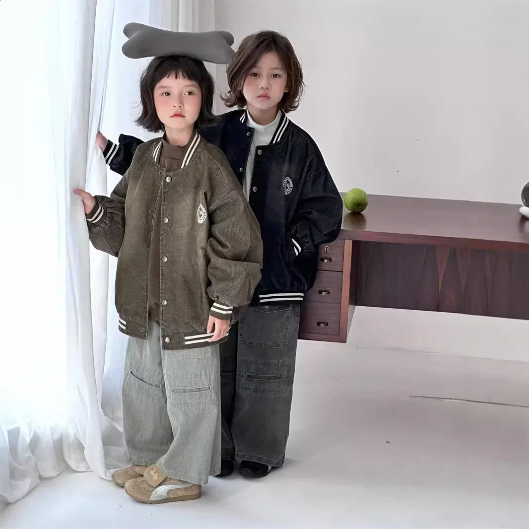 Spring Autumn 1-8Y Girls Baseball Jacket Corduroy Sticker Embroidery Kids Boys Coat Vintage Round Collar Toddler Girls Outerwear 241223