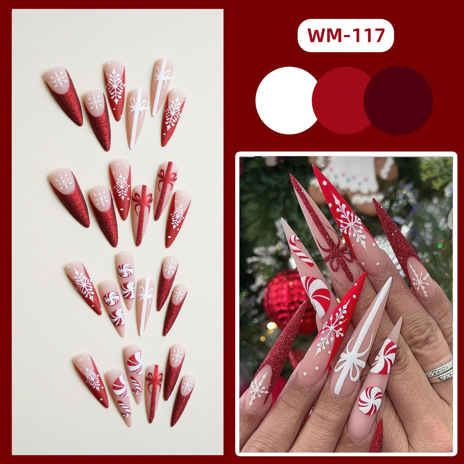 24pcs Christmas Fake Nails Long Stiletto Press On Acrylic Nails Almond Glitter Red French False Nails White Snowflake Wearable 241223