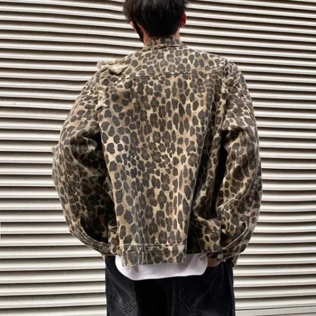 Retro Camouflage Leopard Slip Denim Jacket Loose Fit American Style High End Fashion Street Clothing 241219