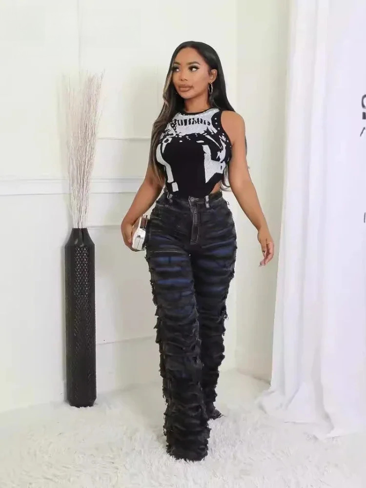 Street Denim Women Ripped Out Striped High Waist Zipper Jeans Fall Trousers Streetwear Straight Party Pants