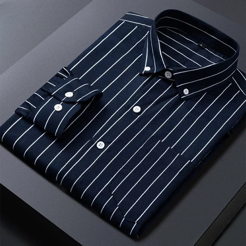Mens Striped Shirts Formale Casual Printed Plaid Shirt Long Sleeve Slim Fit Botton Down Male Office Business Dress Shirt M-5XL 241223