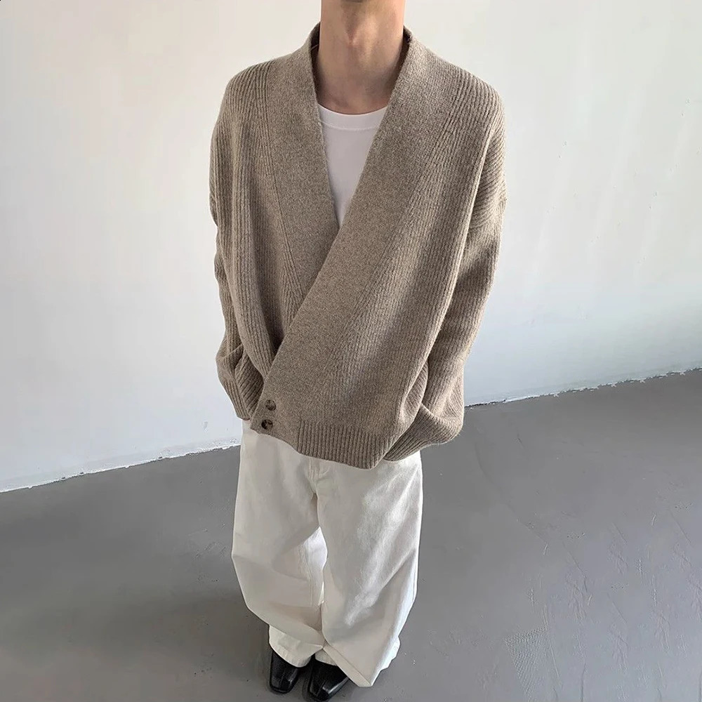 American High Street Fashion Solid Color Sweater Jacket Autumn And Winter Irregular Oblique Button V-Neck Cardigan Sweater Men 241223