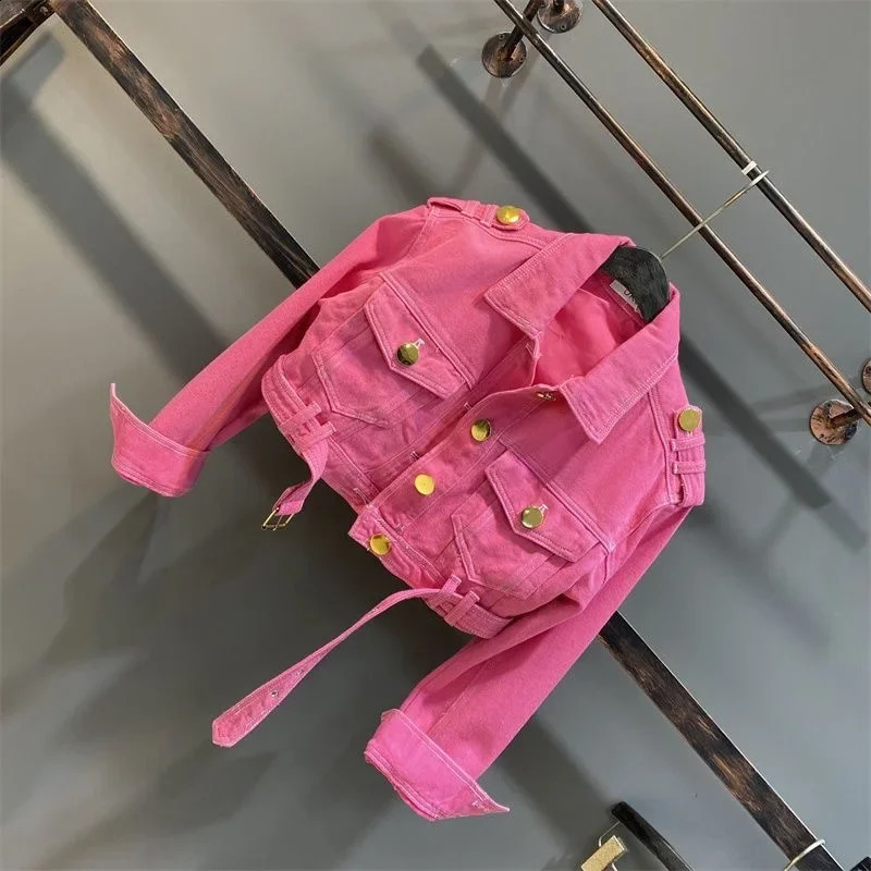 2-15 pink kids baby girls Jean jacket autumn solid color lapel metal button children fashion teenages girl short coat clothes 241223