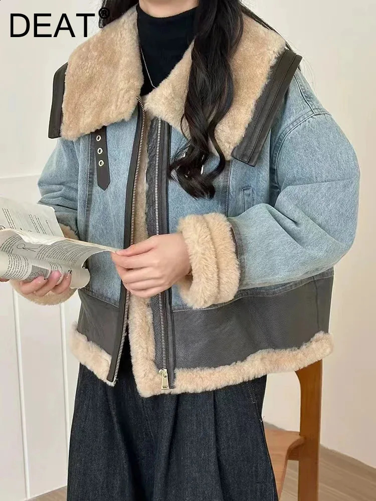 DEAT Fashion Integrated Fur PU Leather Patchwork Denim Jacket Womens Lapel Loose Zipper Motorcycle Jackets Winter 241220