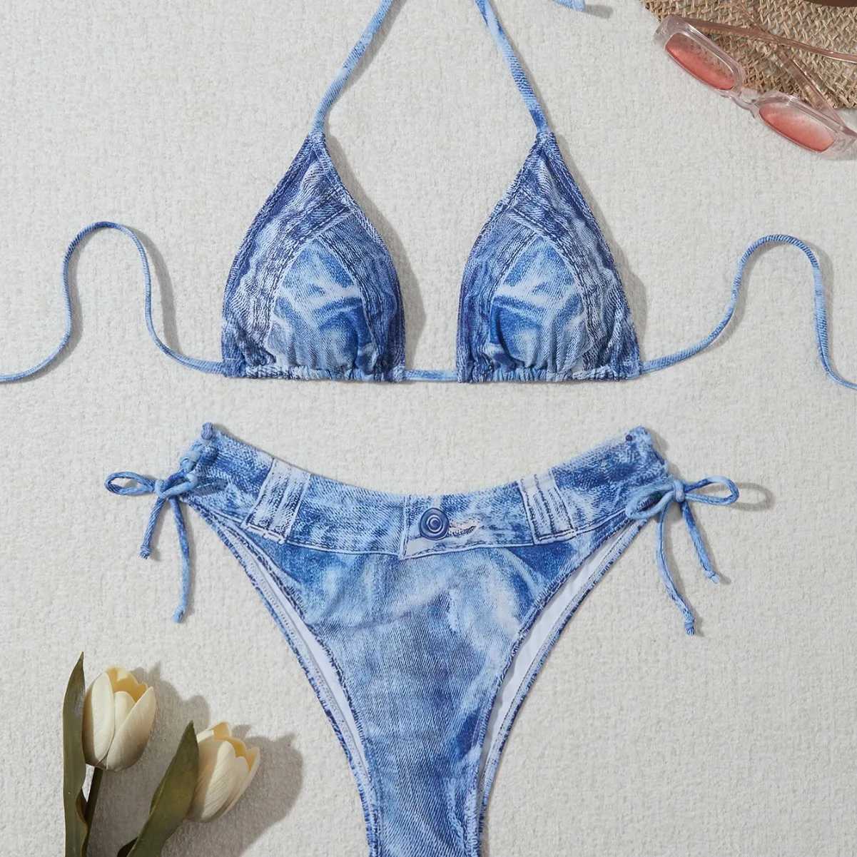 Sexy Bikini Swimsuit Woman Denim Print Swimwear Thong Bikinis Sets Brazilian Women Bathing Suit Beach Wear BiquiniXJ241223