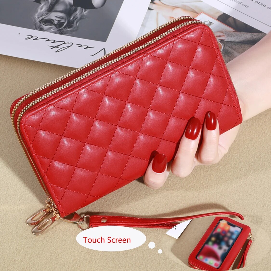 New Wallet Women's European And American Toucreen Card Double Layer Zipper Handle Plaid Embroidered Mobile Phone Bag