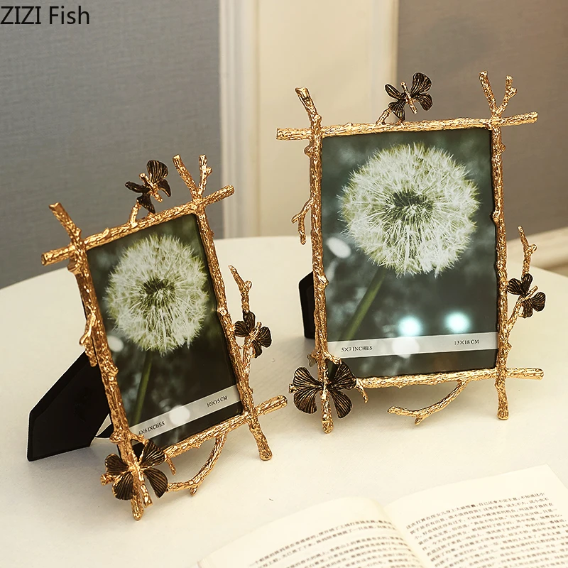 6/7/10Inch Nordic Vintage Metal Butterfly Photo Frame Family Portrait Nightstand Desktop Square Golden Picture Frames Home Decor H260306