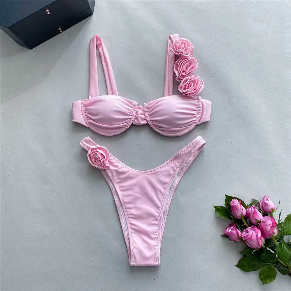 Sexy 3D Flower Shiny Pink Push Up Bikini 2024 Women Swimwear Underwired Swimsuit High Cut Bathing Suit Wrinkled Bikinis SetsXJ241223
