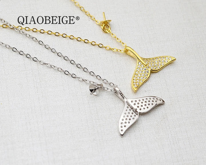 QIAOBEIGE Diy handmade s925 pure silver 8-14mm pearl empty support merman princess fish tail necklace chain accessories 241220