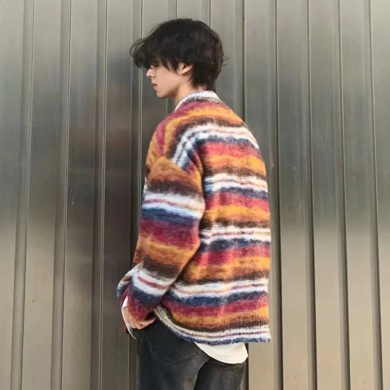 FEWQ American Contrasting Cardigan Sweater Knitted Mens Loose High Street Jacket Trendy Contrast Color Male Tops 24E1955 241223