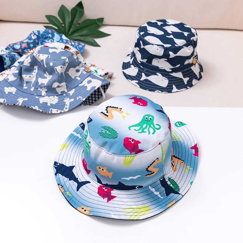 Caps Hats Cute childrens outdoor bucket hat childrens sun hat with windproof rope cotton baby hat childrens summer hat H241223