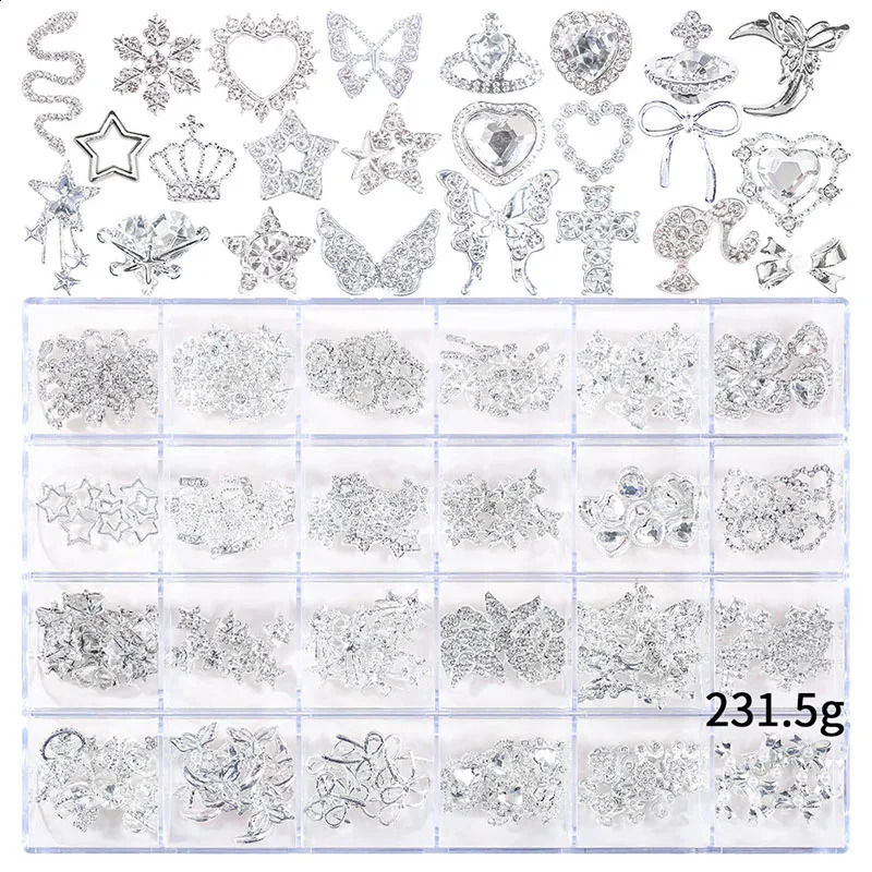 24 Grids Mix Style Heart Butterfly Cherry Planet Stars Gun Nail Art Y2K Charms Nail Rhinestones Crystal Decorations Accessories 241220