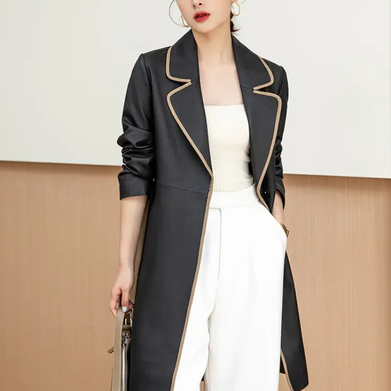 Autumn Winter Womens Sheepskin Long Coat Lace Up Windbreaker Genuine Leather Coat Mid Length Overcoat
