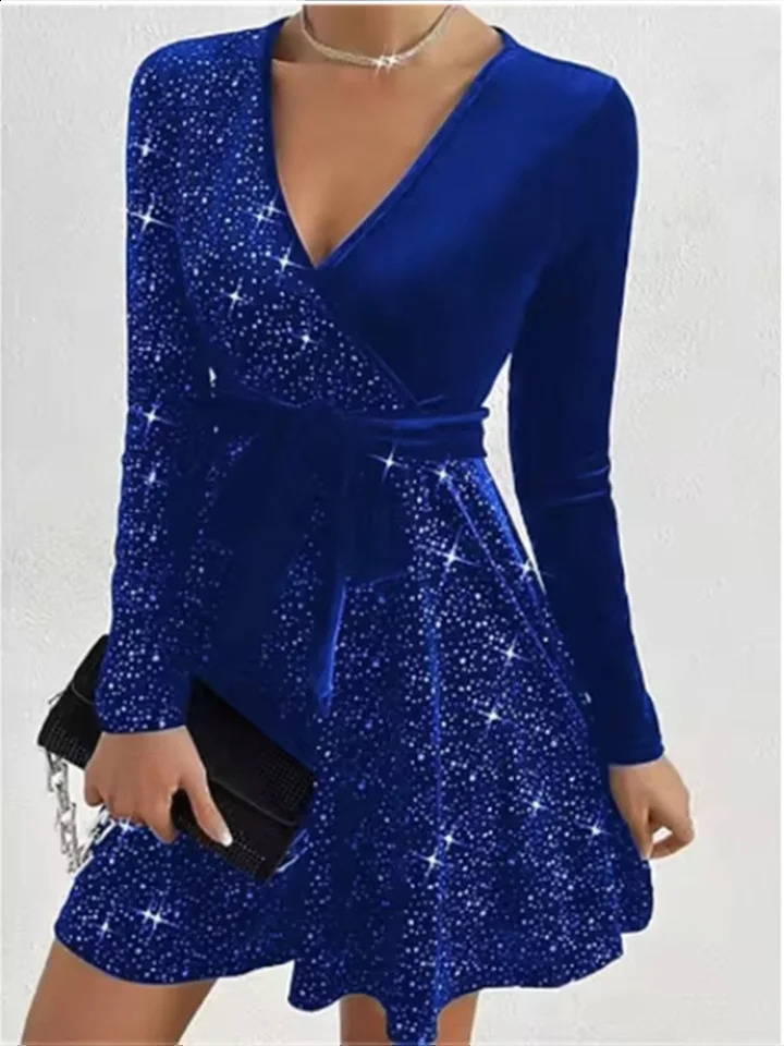 4-color sparkling mini dress for women sexy A-Line long sleeved dress spring and autumn party solid color dress 241223