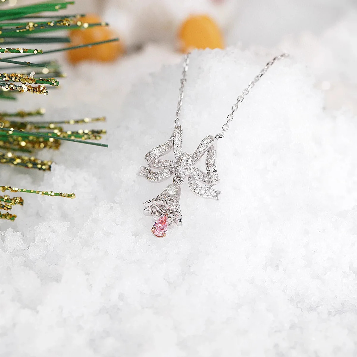 925 Sterling silver Womens Necklace Three Dimensional Bow Bell Exquisite Romantic Pendant Christmas Gift 241220