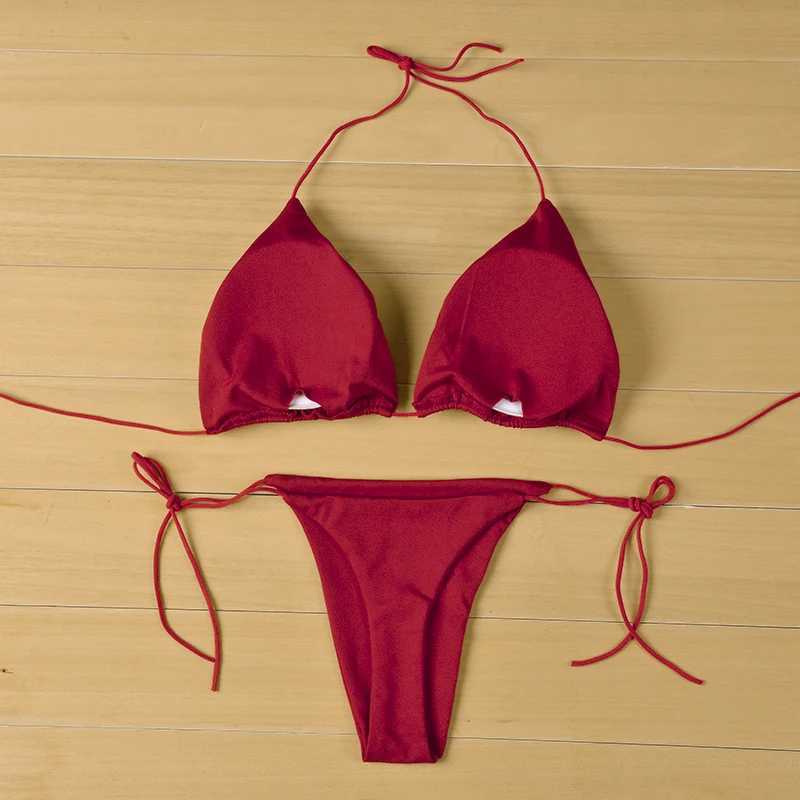 2 Pcs/Set Bikini Set Sexy Bikinis 2024 Bathing Suit Solid Color Halter Neck Strap Thong Women Swimsuit Set For Beach SwimwearXJ241223