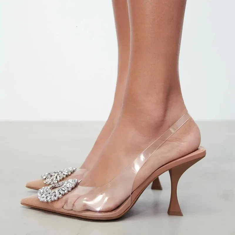 Luxury brand womens high heels Rhinestone fashion sandals 2023 summer transparent shoes pump strap Plus size 42 240620