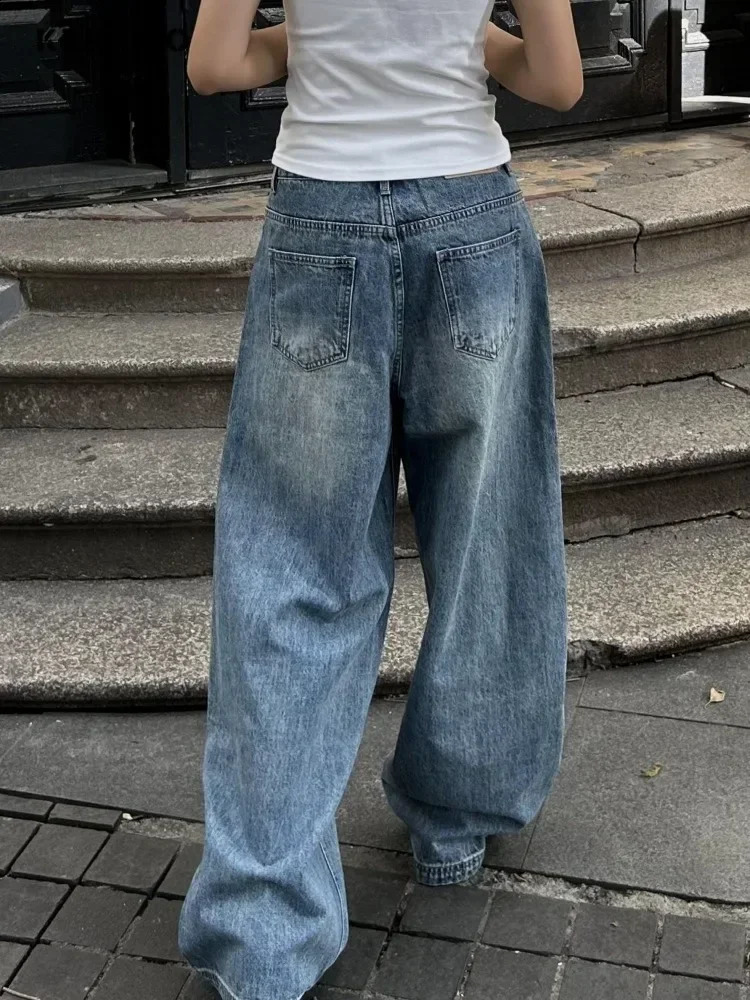 Vintage Aesthetic Emo Loose Washed Pants Summer Womens Casual Blue Harajuku Jeans Y2K Wide Leg Punk Baggy Denim Trouser 241218
