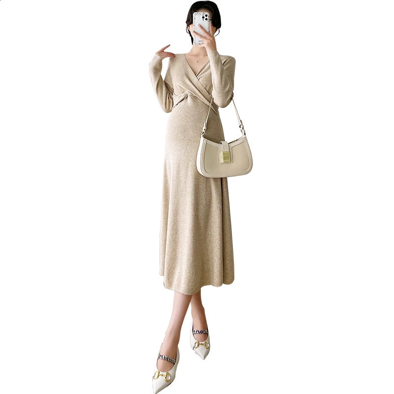 O70716# Dress Pregnant Long Sleeve Trendy Fashion Mom Loose Dress Women Maternity Clothes Knitted Mid-Long Pregnancy Dress 241223