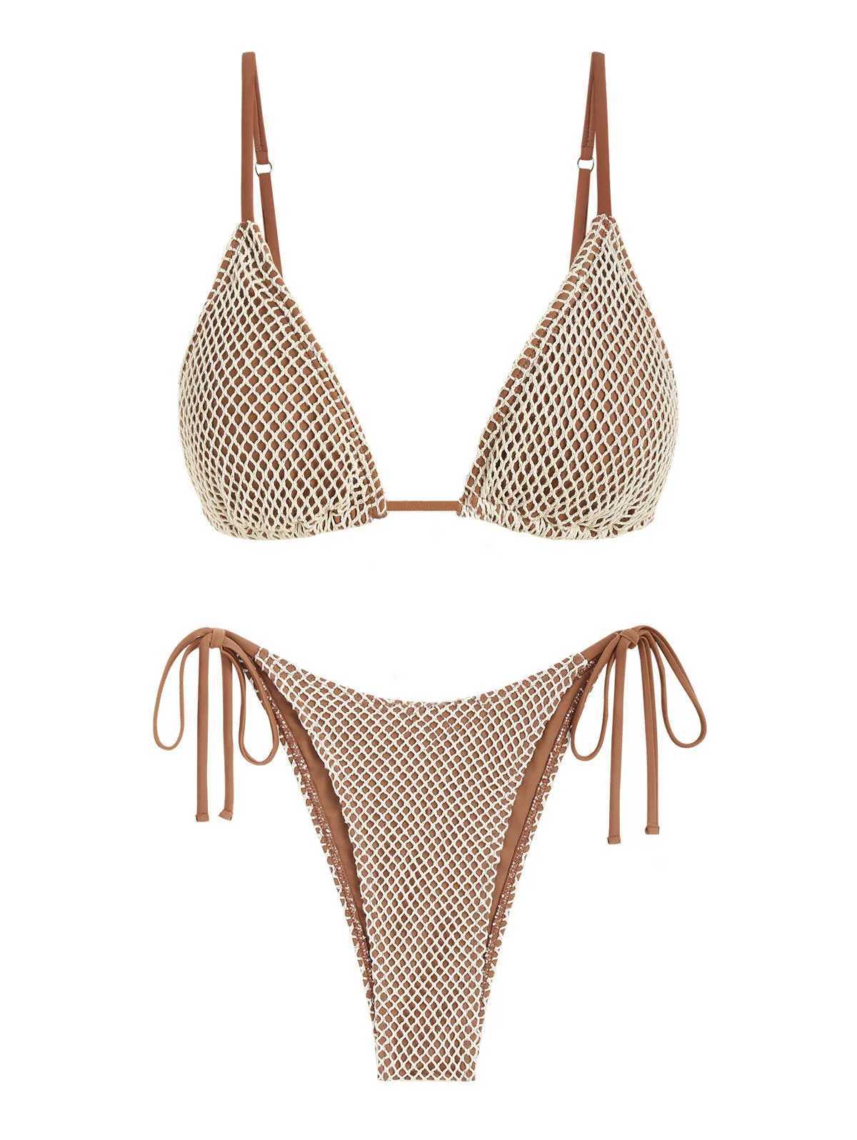 2024 Womens Swimsuit Triangle Swimwear Contrast Fishnet Tie Side Tanga Two Piece Bikini Set Padded Bikinis Bathing SuitsXJ241223