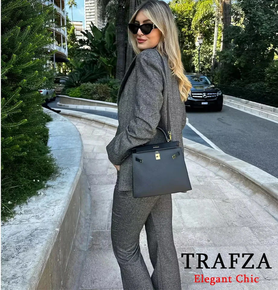 TRAFZA Office Lady Blazer Suit Womens Lapel Single Button Pocket Blazers and Pant Autumn Fashion Blazer Suit 241220