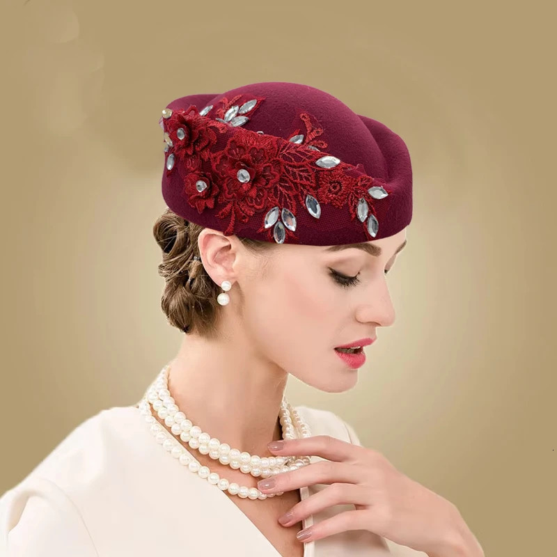 Vintage Felt Turban Hat For Women Church Derby Fascinator With Flower Ladies Soft Beret Caps party Airline Stewardess 241220