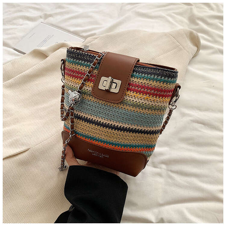 This year's popular straw bucket for women 2024 new fashionable summer rainbow woven crossbody phone bag
