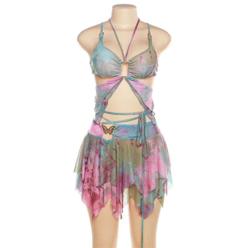 Womens Y2k Ruffle Butterfly 2-piece Set Sexy Fairy Backless Crop Top Packaging Mini Ski Set Carnival Competition Set 241219