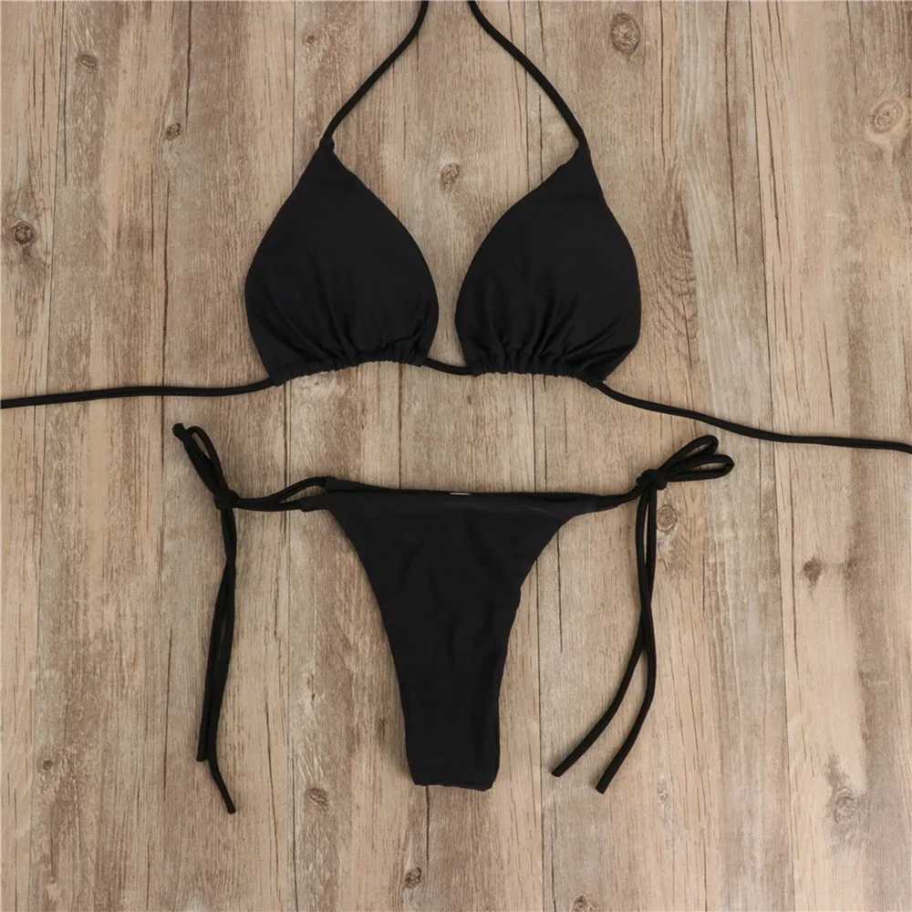 2 Pcs/Set Bikini Set Sexy Bikinis 2024 Bathing Suit Solid Color Halter Neck Strap Thong Women Swimsuit Set For Beach SwimwearXJ241223