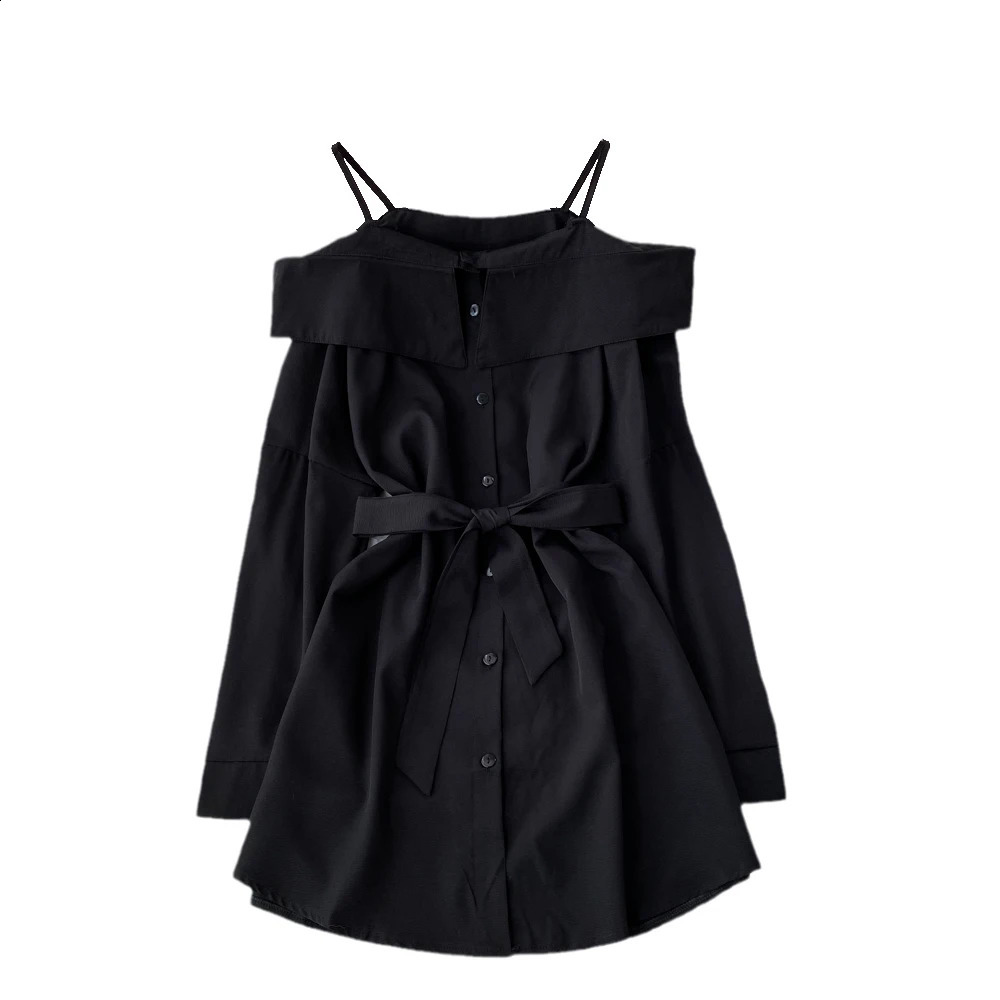 Korean Spring Autumn Off Shoulder Shirts Dress Chic Deisgn Long Sleeve Ruffles Slim Single Breasted Aline Solid Women 241218