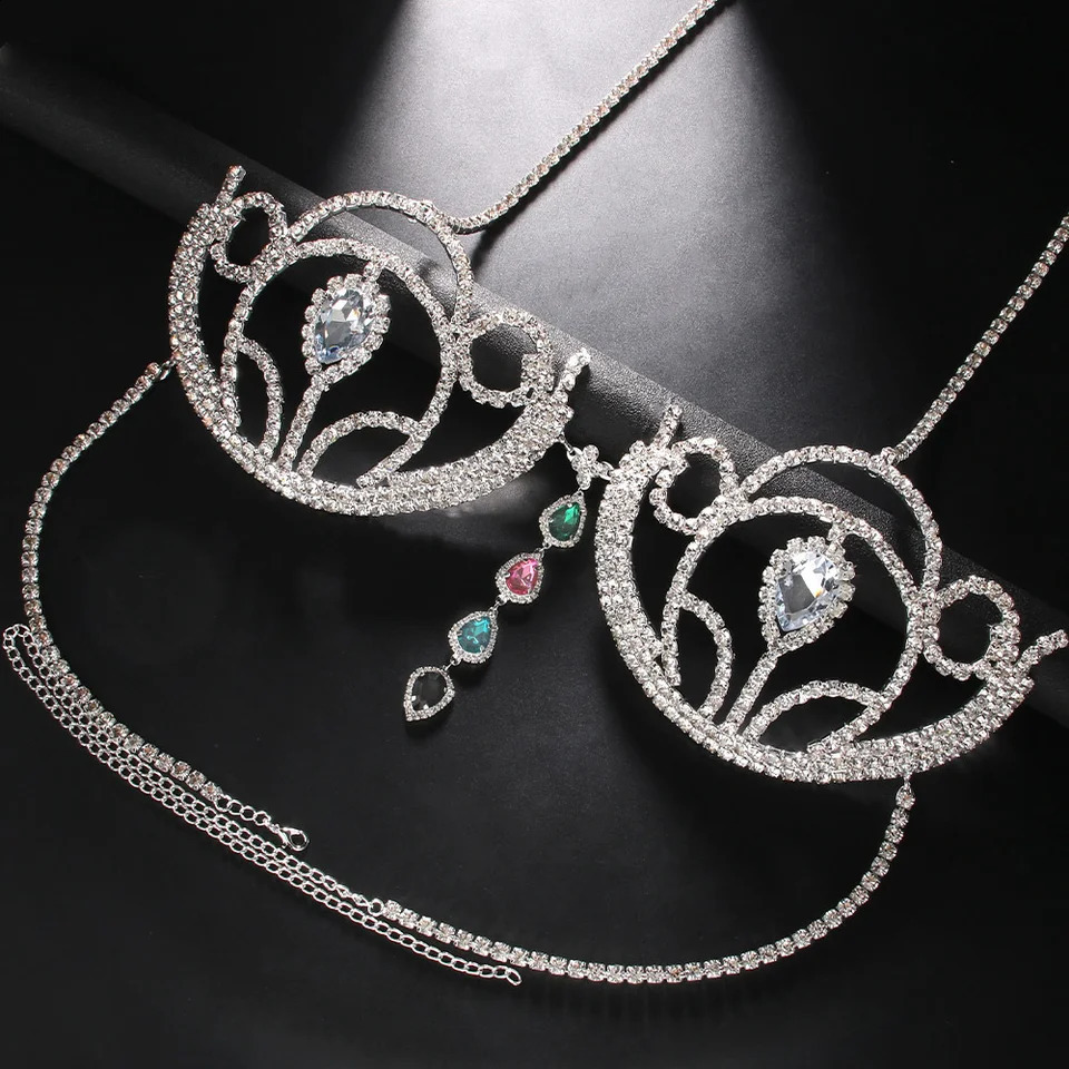 Sexy Nightclub Bikini Crystal Nipple Piercing Chain Full Chest Chain Rhinestone Body Chain Bra Women 241220