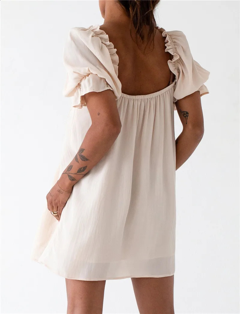 Gaono Womens Cute doll Mini Dress Y2k Square Collar Bow Tassel Dress Fairy Sweetheart Puff Short Sleeve Sundress Summer 241223