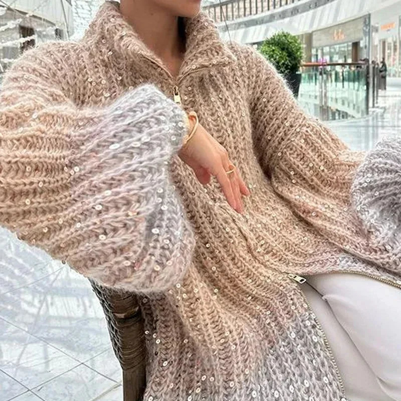Women Fashion Gradual Sequin Knit Cardigan Elegant Loose Lantern Sleeves Zipper Sweater 2024 Autumn Winter Female Knitwear Tops 241220