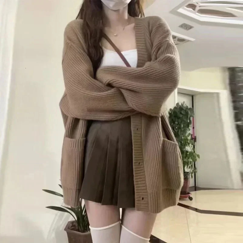 Korean College Style Single Breasted Cardigans Loose and Lazy Vneck Big Pocket Knitted Cardigan Womens Coat Sweater 241220