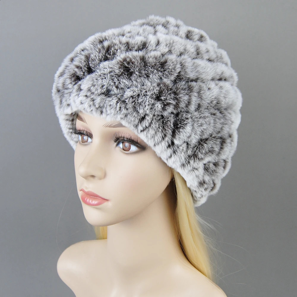 Outdoor Winter Good Elastic Real Fur Hat Women Knitted Natural Rex Rabbit Fur Skullies Cap Warm Soft Real Fur Beanies Hats 241214
